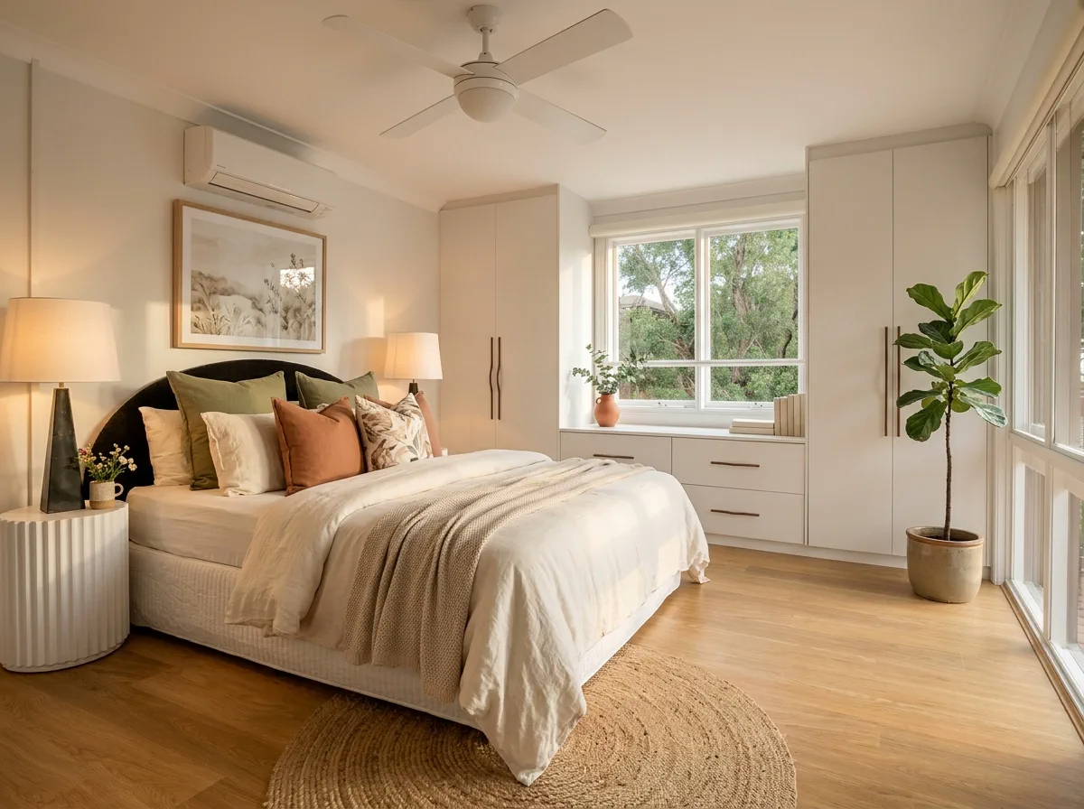 The same bedroom restyled with sage and terracotta linen, layered cream bedding, a jute rug, and a fiddle-leaf fig by the window.