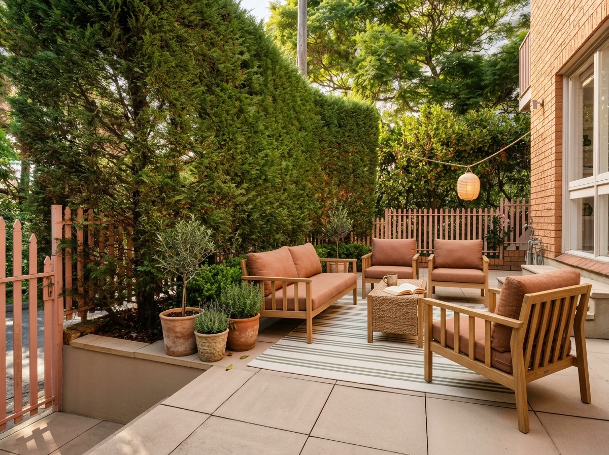 The same patio restyled with terracotta-cushioned oak seating, herbs in terracotta pots, a paper lantern, and a cream-and-sage outdoor rug.